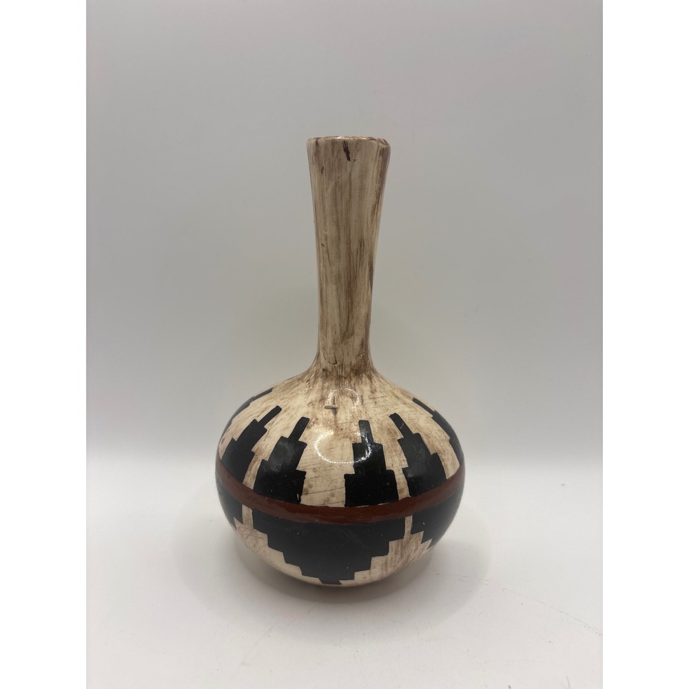 Southwestern Hand Painted Ceramic Bud Vase Flat Back Geometric Pottery Artist R